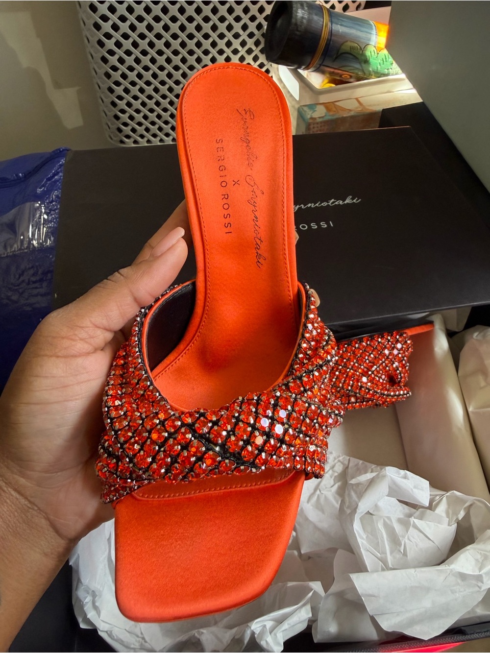 Sergio Rossi Red Crystal-Embellished Slide Mule